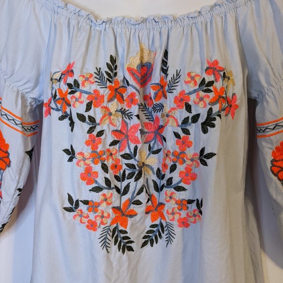 Free People Pale Blue Boho Embroidered Off Shoulder Neckline Mini Dress - XS - Picture 5 of 11